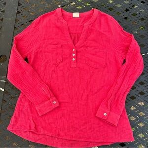 Mote hot pink XL women’s 100% cotton tunic blouse v neck buttons double pockets